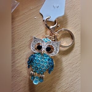 Owl Turquoise Rhinestone Studded Keychain